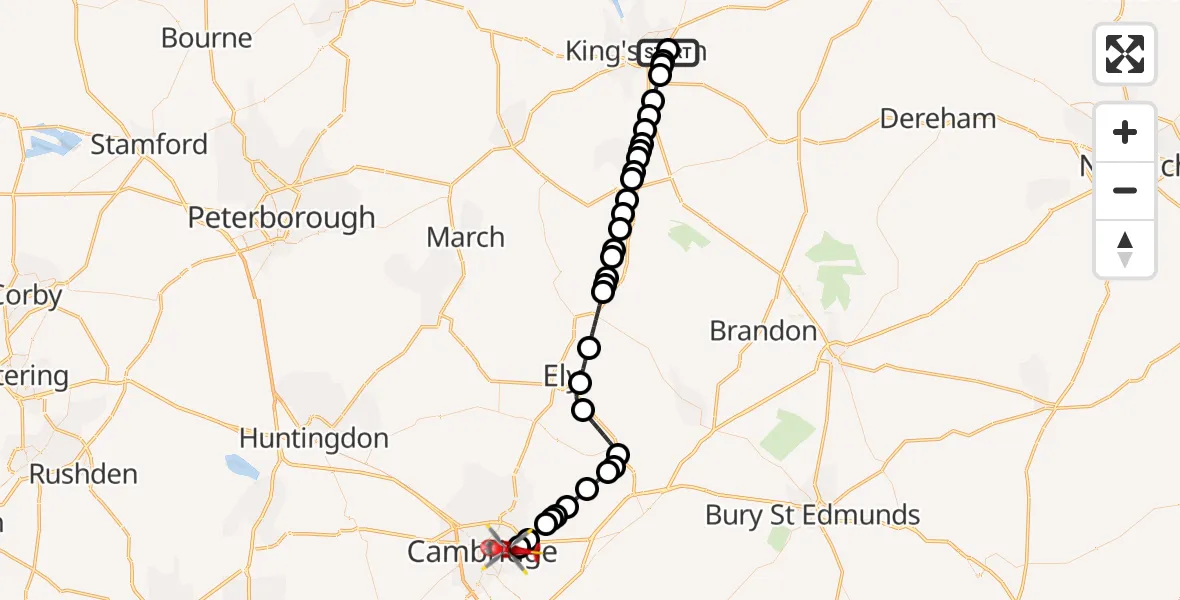 Flight route Air Ambulance Helicopter Queen Elizabeth Hospital - Cambridge City Airport, 07 September 2026, 11:02