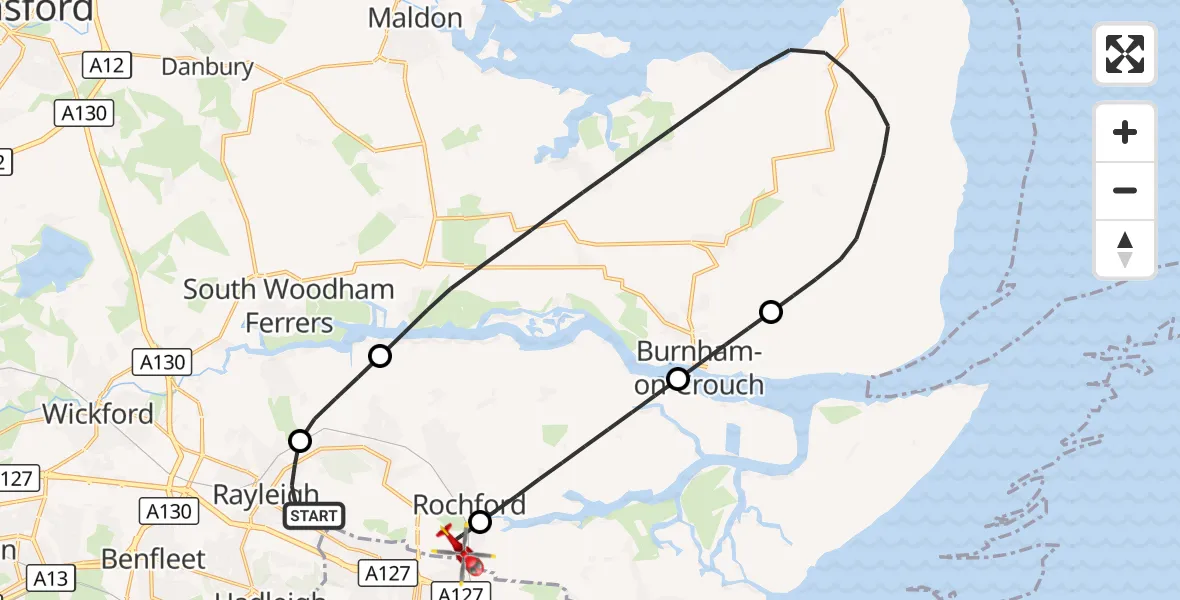 Flight route Air Ambulance Helicopter Rayleigh - London Southend Airport, 07 September 2026, 11:08