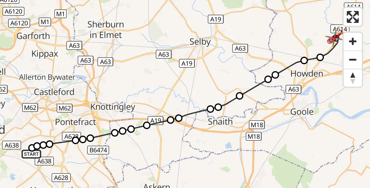 Flight route Air Ambulance Helicopter YAA Nostell Helicopter Port - Eastrington, 07 September 2026, 11:12