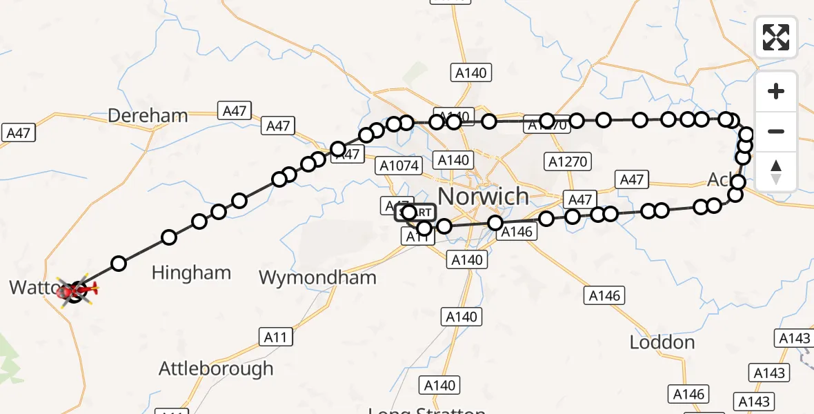 Flight route Air Ambulance Helicopter Norfolk & Norwich Hospital - Breckland, 07 September 2026, 11:18