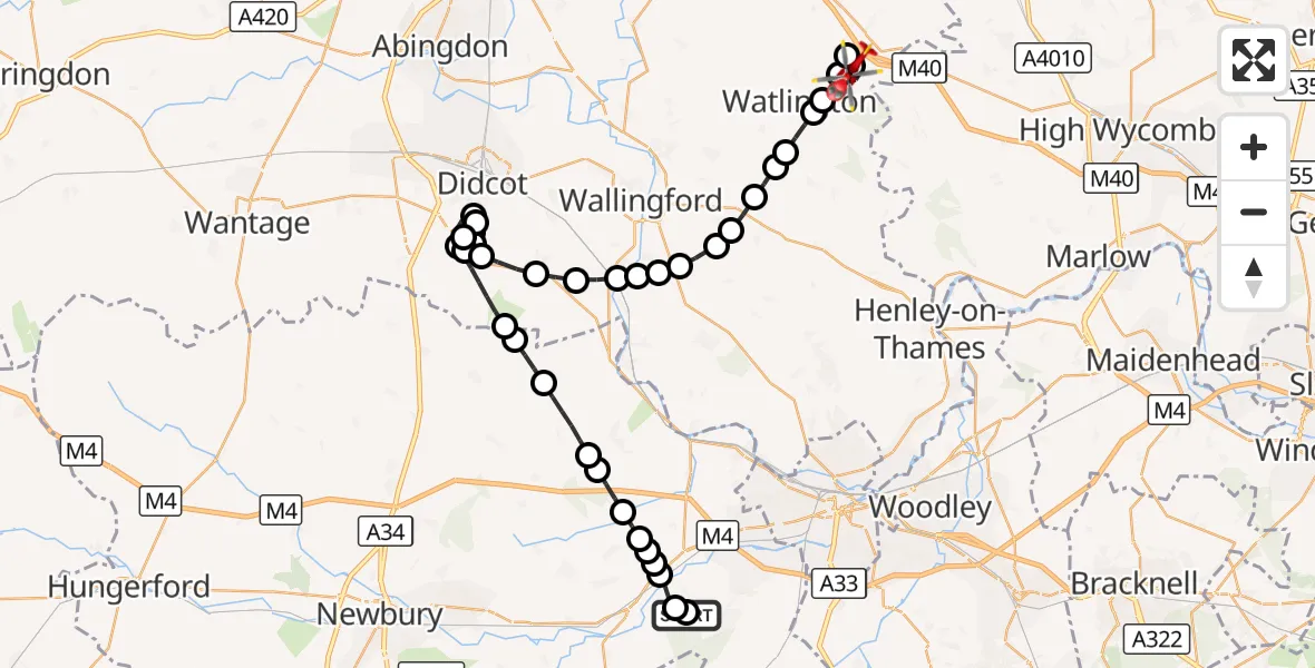 Flight route Air Ambulance Helicopter Ufton Nervet - Lewknor, 07 September 2026, 11:34