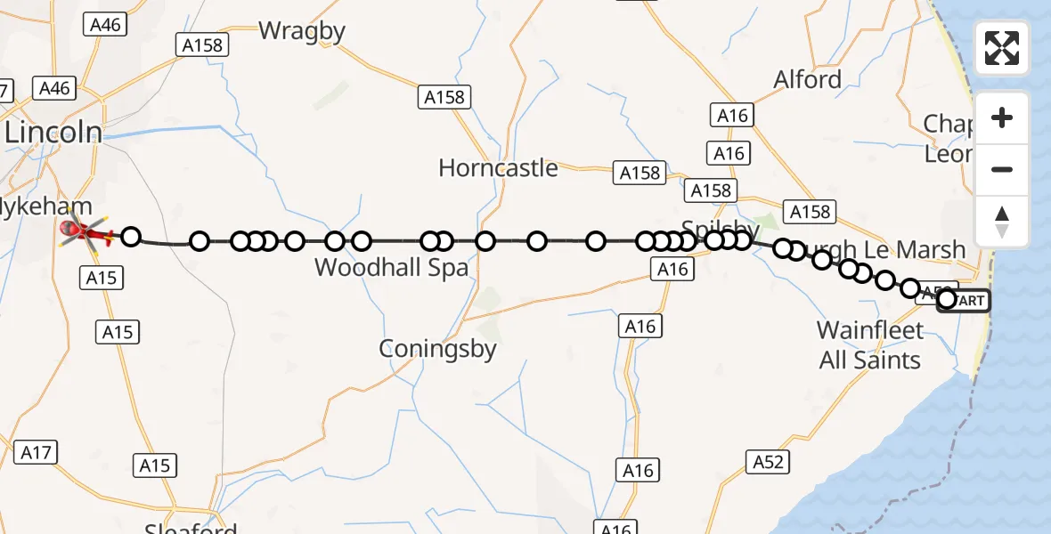 Flight route Air Ambulance Helicopter Skegness - North Kesteven, 07 September 2026, 12:03