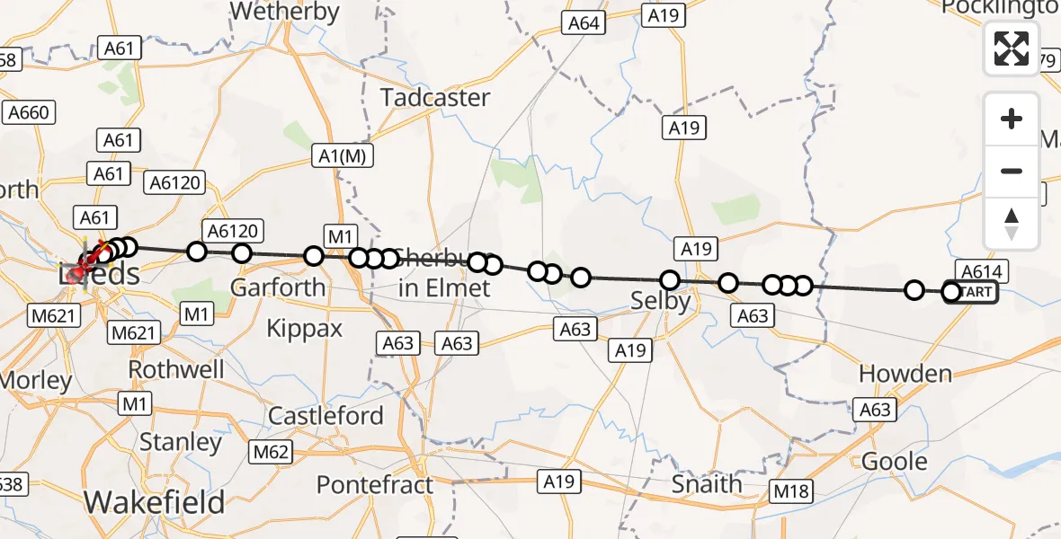 Flight route Air Ambulance Helicopter Eastrington - Burley, 07 September 2026, 12:04