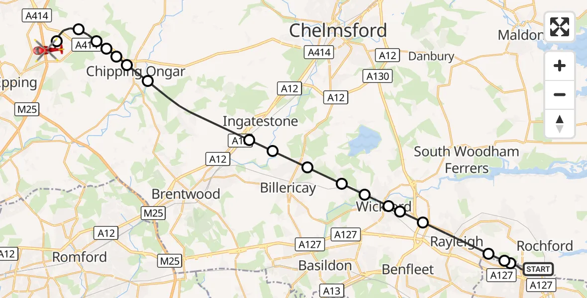 Flight route Air Ambulance Helicopter London Southend Airport - North Weald Airfield, 07 September 2026, 12:04