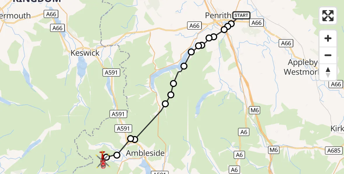 Flight route Air Ambulance Helicopter Brougham - Little Langdale, 07 September 2026, 12:29