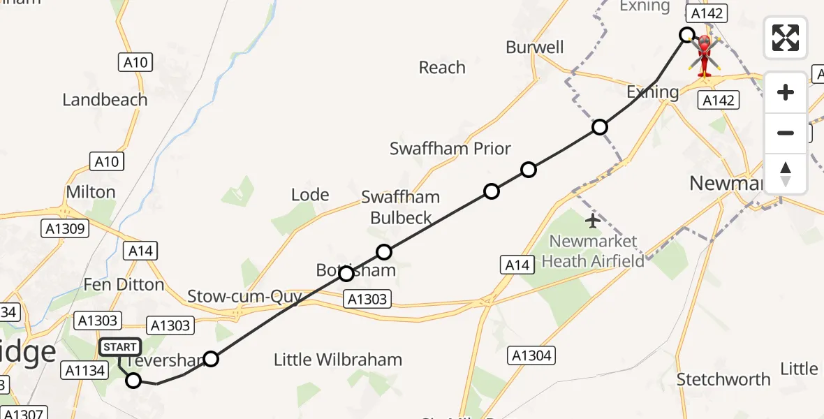 Flight route Air Ambulance Helicopter Cambridge City Airport - Fordham, 07 September 2026, 12:51
