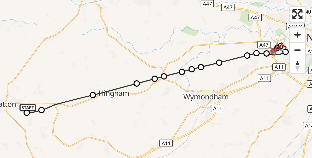 Flight route Air Ambulance Helicopter Breckland - Norfolk & Norwich Hospital, 07 September 2026, 13:03
