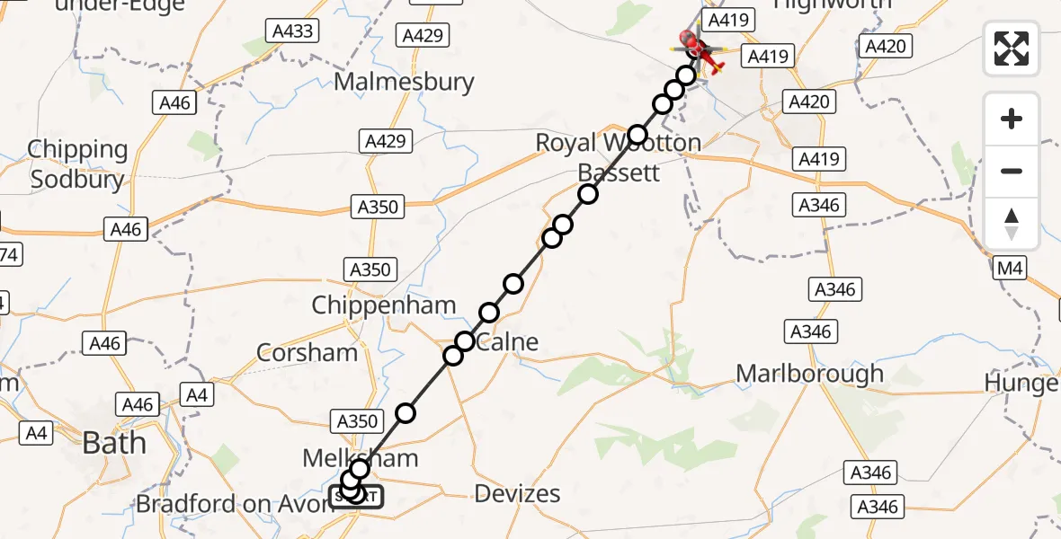 Flight route Air Ambulance Helicopter Wiltshire Air Ambulance - Blunsdon St Andrew, 07 September 2026, 13:13