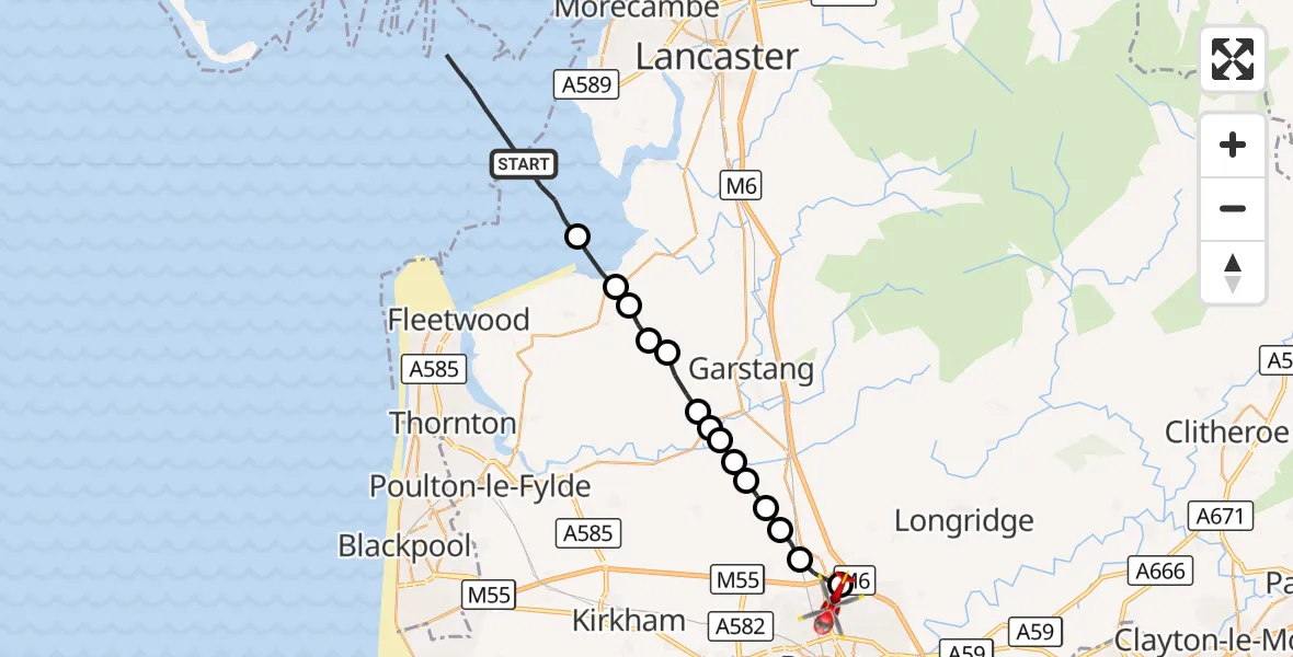 Flight route Air Ambulance Helicopter Overton - Royal Preston, 07 September 2026, 13:36
