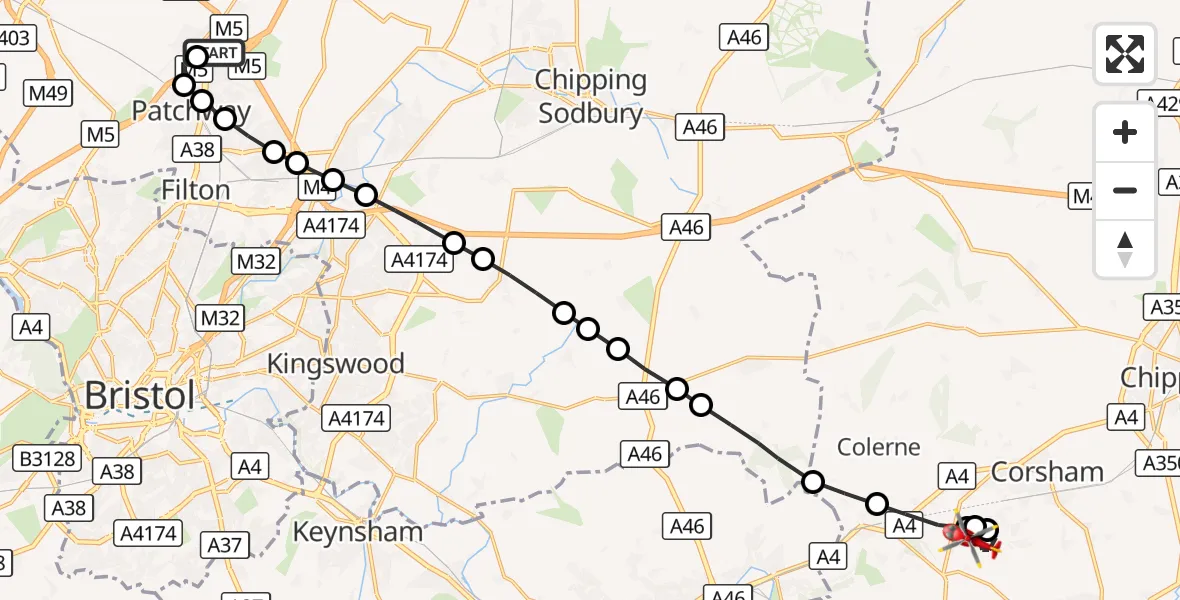 Flight route Air Ambulance Helicopter Almondsbury Helicopter Base - Rudloe, 07 September 2026, 13:38