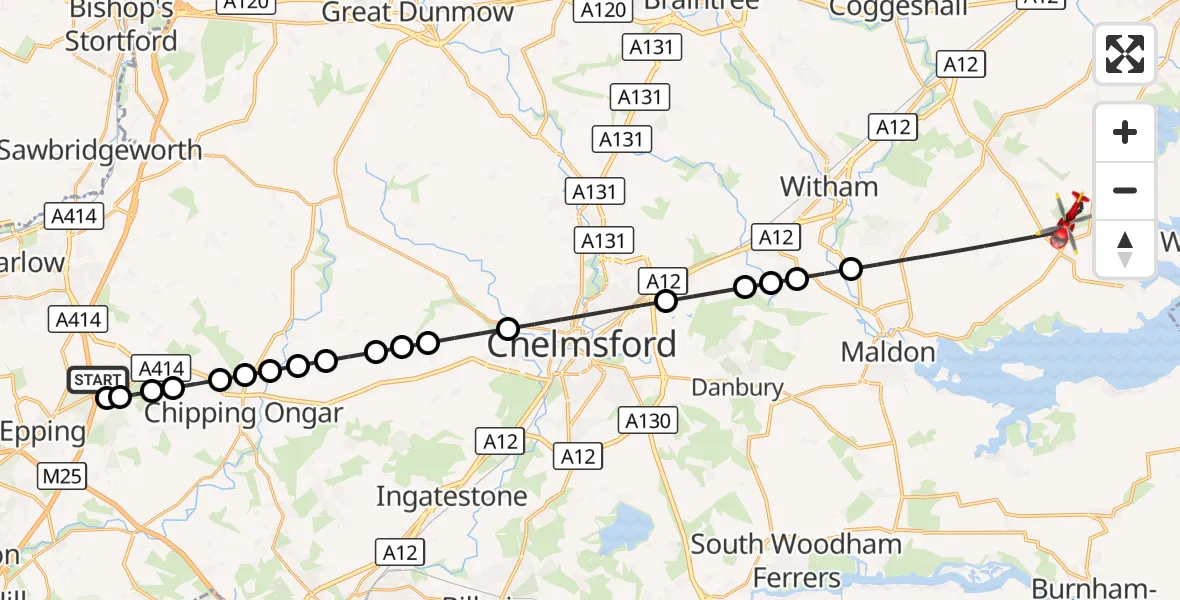 Flight route Air Ambulance Helicopter North Weald Airfield - Maldon, 07 September 2026, 13:48