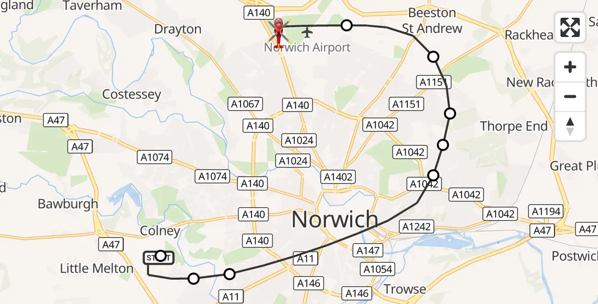 Flight route Air Ambulance Helicopter Norfolk & Norwich Hospital - Norwich Airport, 07 September 2026, 13:50