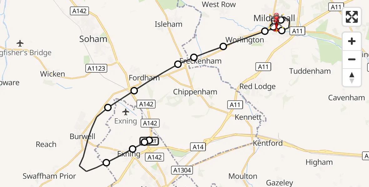 Flight route Air Ambulance Helicopter Exning - Mildenhall, 07 September 2026, 13:52