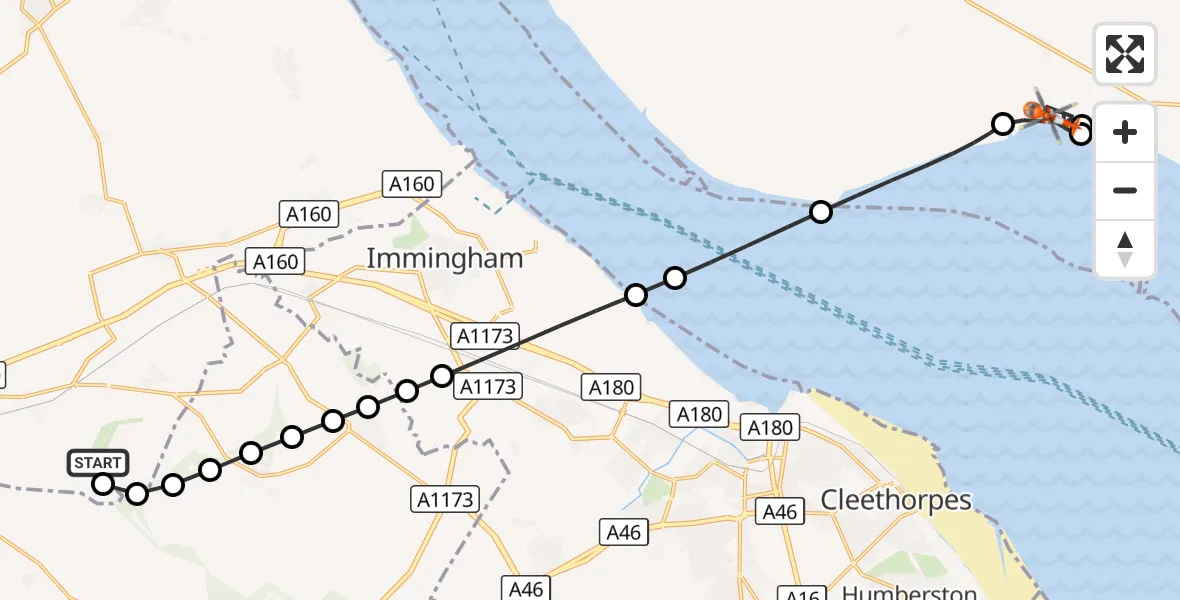 Flight route Coastguard Helicopter Humberside Airport - Welwick, 07 September 2026, 13:53
