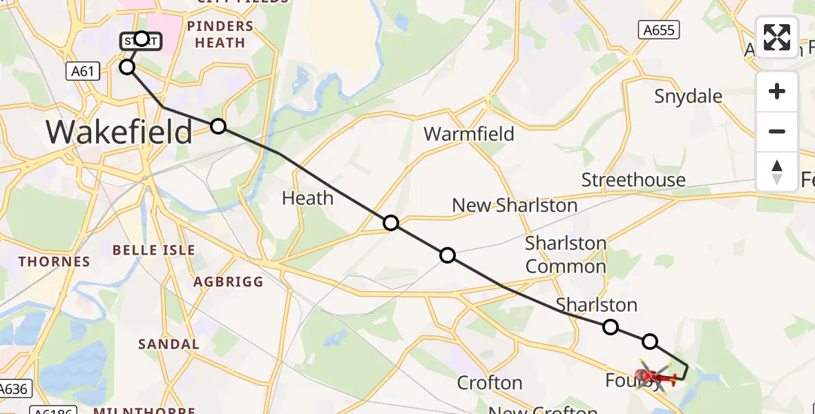 Flight route Air Ambulance Helicopter Newton Hill - YAA Nostell Helicopter Port, 07 September 2026, 14:01