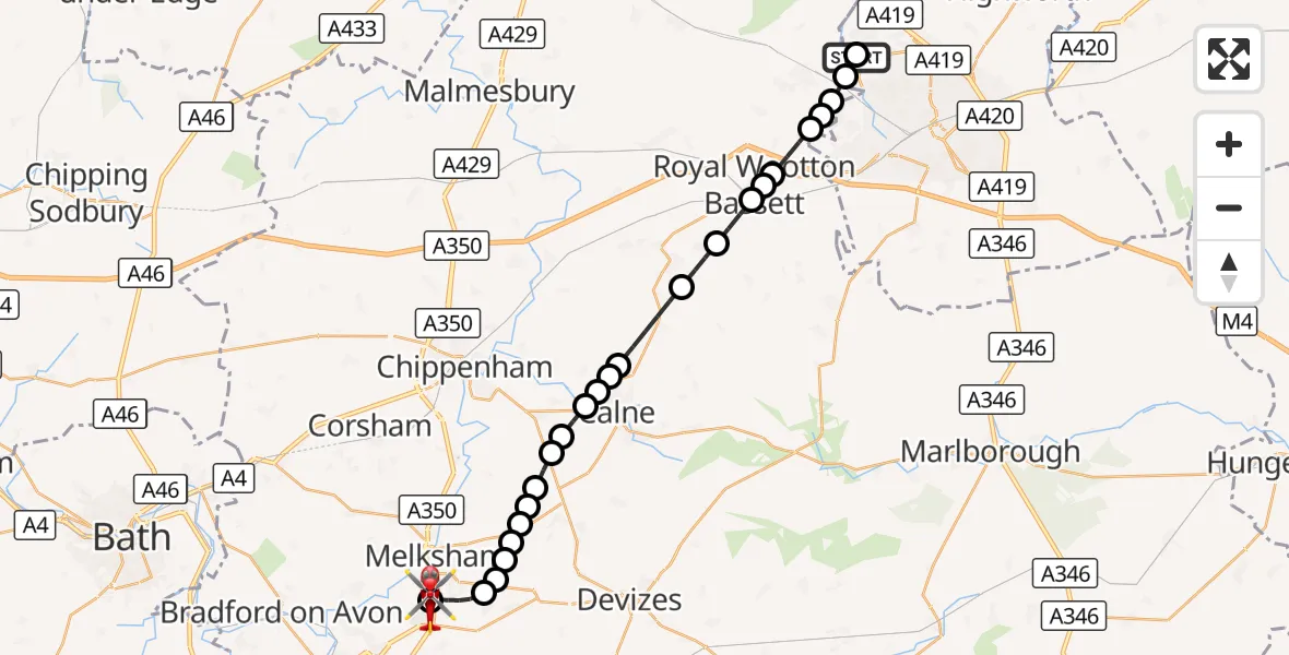 Flight route Air Ambulance Helicopter Oakhurst - Wiltshire Air Ambulance, 07 September 2026, 14:13