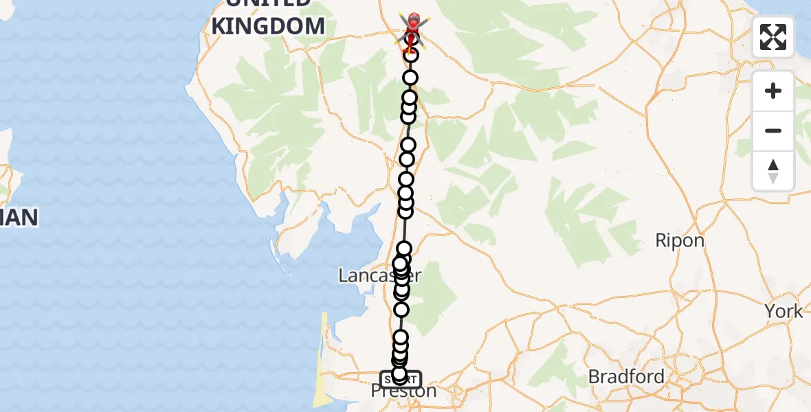 Flight route Air Ambulance Helicopter Royal Preston - Brougham, 07 September 2026, 14:14