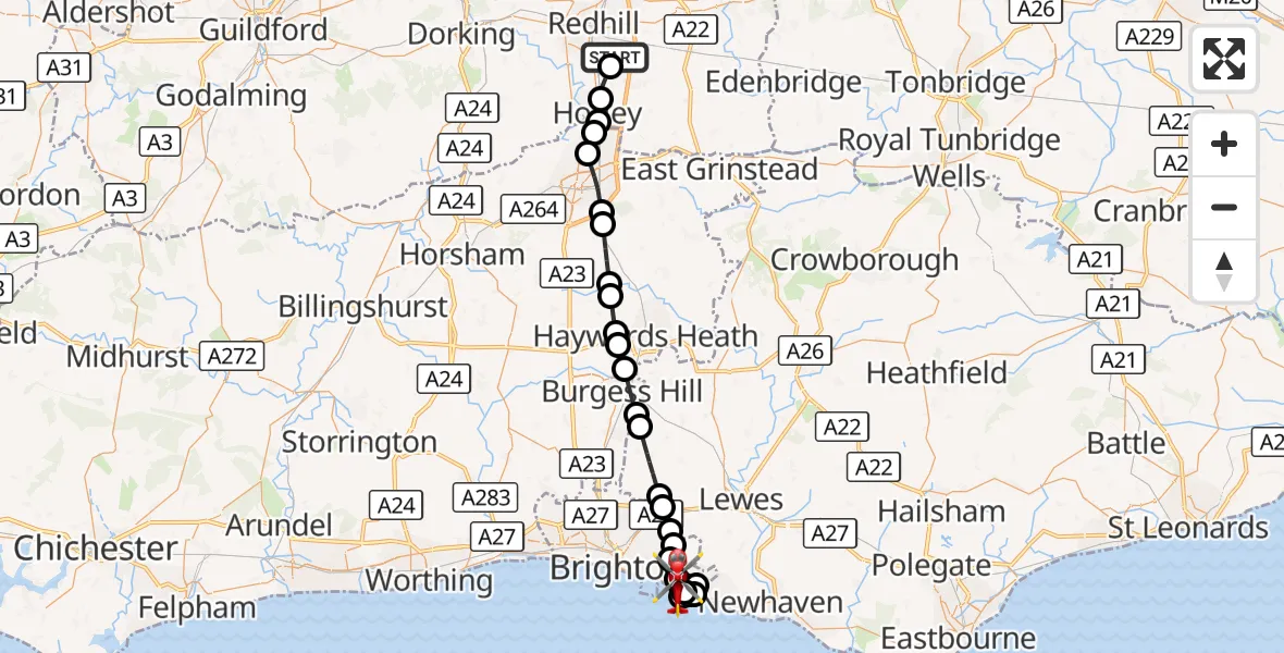 Flight route Air Ambulance Helicopter Redhill Aerodrome - Ovingdean, 07 September 2026, 14:20