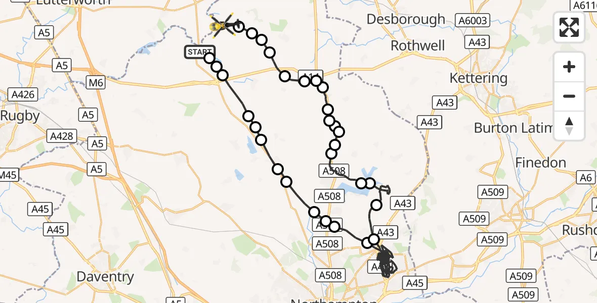 Flight route Police Helicopter Welford - Sibbertoft, 07 September 2026, 14:20