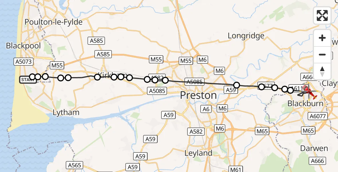 Flight route Air Ambulance Helicopter Blackpool Airport - Blackburn, 07 September 2026, 14:27
