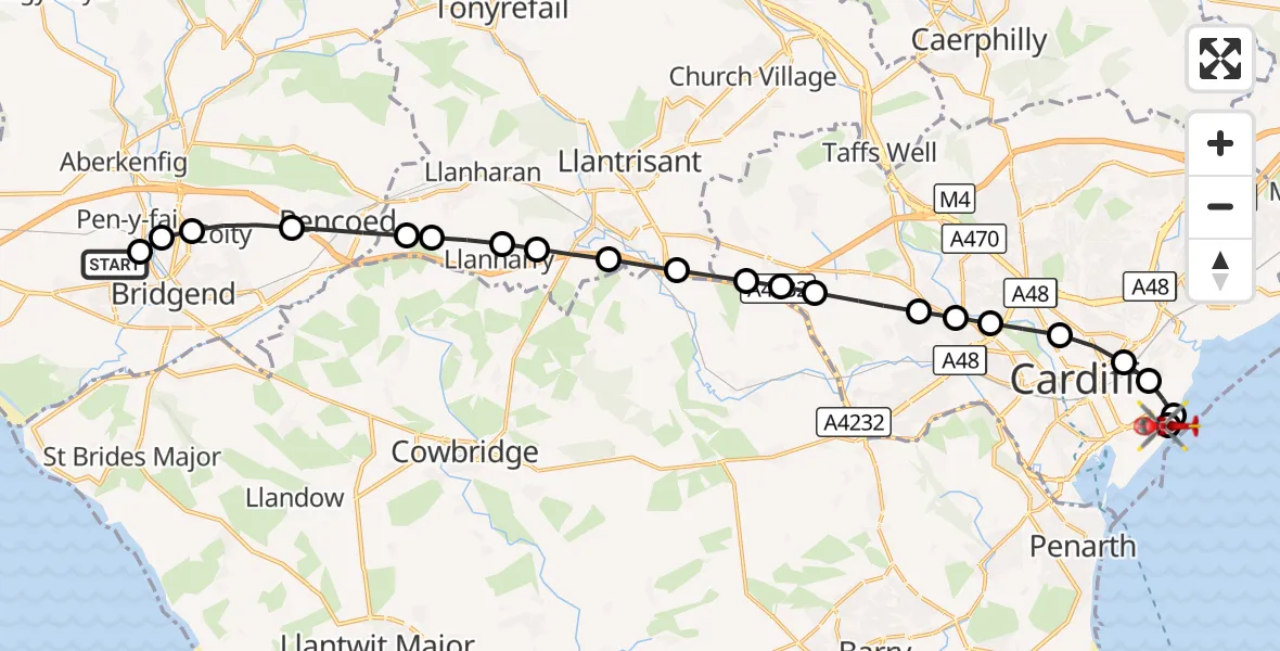 Flight route Air Ambulance Helicopter Bryntirion - Cardiff Heliport, 07 September 2026, 14:31