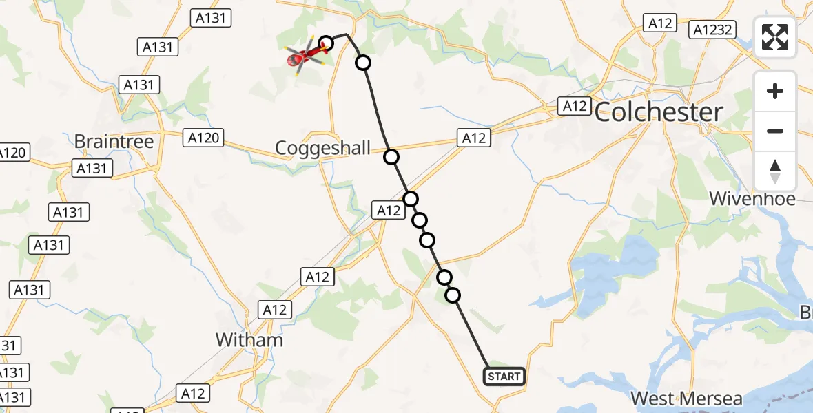 Flight route Air Ambulance Helicopter Maldon - Earls Colne Airfield, 07 September 2026, 14:37