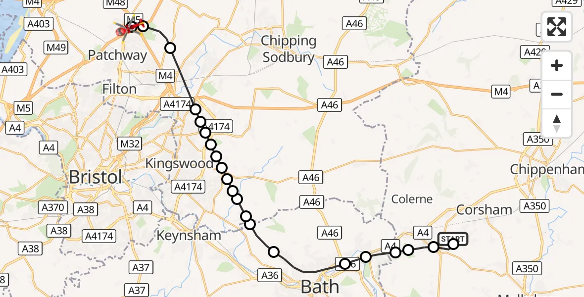 Flight route Air Ambulance Helicopter Wadswick Farm Airstrip - Almondsbury Helicopter Base, 07 September 2026, 14:44