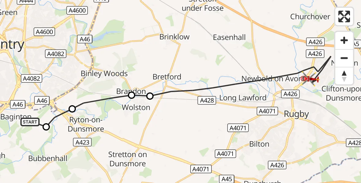 Flight route Air Ambulance Helicopter Coventry Airport - Rugby, 07 September 2026, 14:45