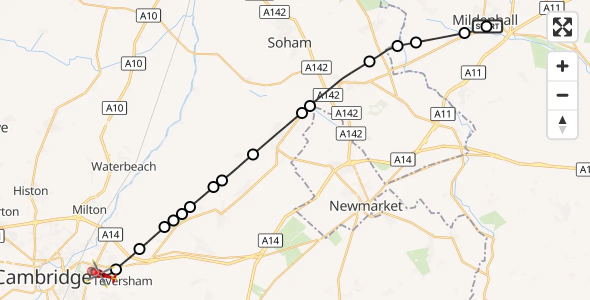 Flight route Air Ambulance Helicopter Mildenhall - Cambridge City Airport, 07 September 2026, 14:45