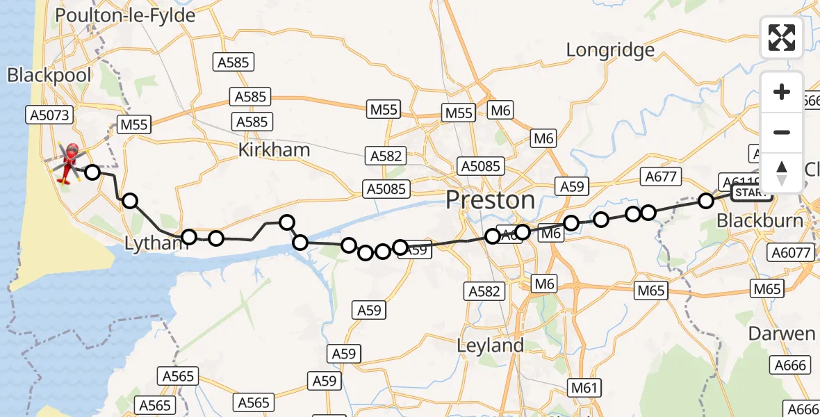 Flight route Air Ambulance Helicopter Blackburn - Blackpool Airport, 07 September 2026, 14:57