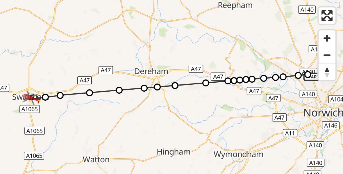 Flight route Air Ambulance Helicopter Norwich Airport - Swaffham, 07 September 2026, 15:00