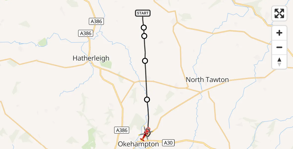Flight route Air Ambulance Helicopter Winkleigh - West Devon, 07 September 2026, 15:15