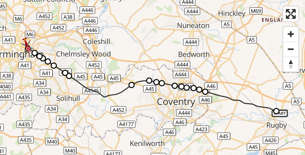 Flight route Air Ambulance Helicopter Rugby - Vauxhall, 07 September 2026, 15:20