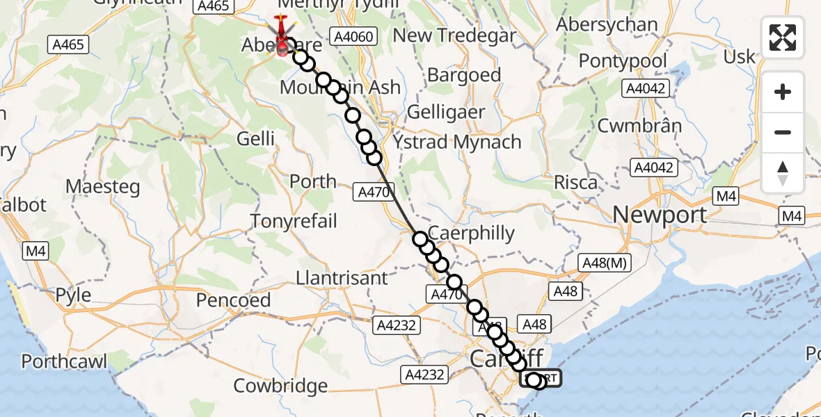 Flight route Air Ambulance Helicopter Cardiff Heliport - Aberdare, 07 September 2026, 15:20