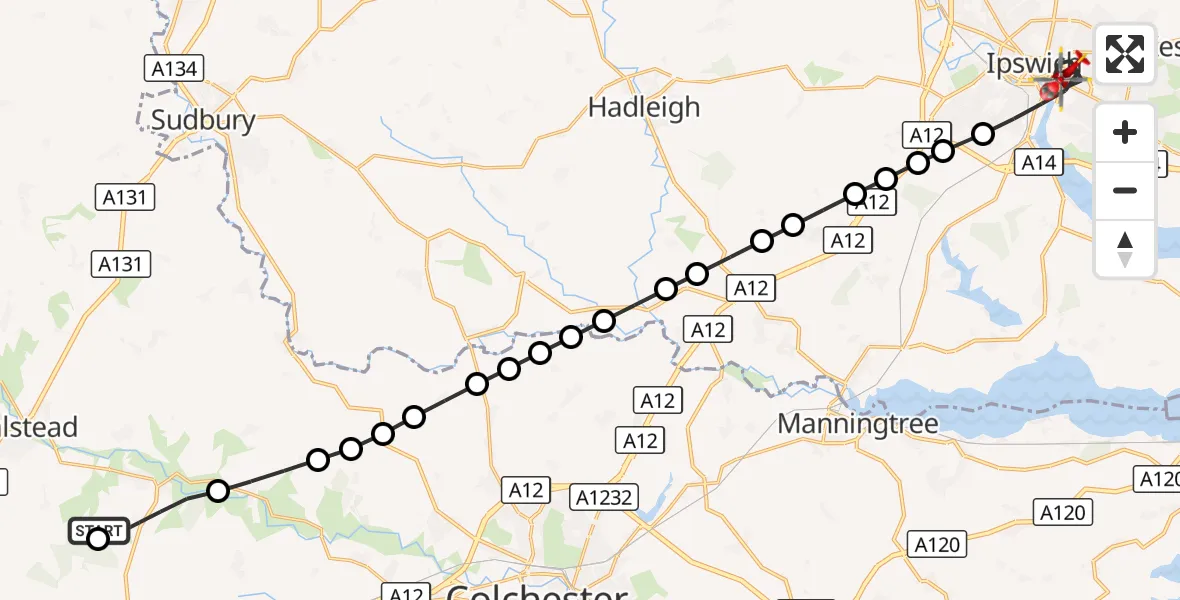 Flight route Air Ambulance Helicopter Earls Colne Airfield - Ipswich, 07 September 2026, 15:20