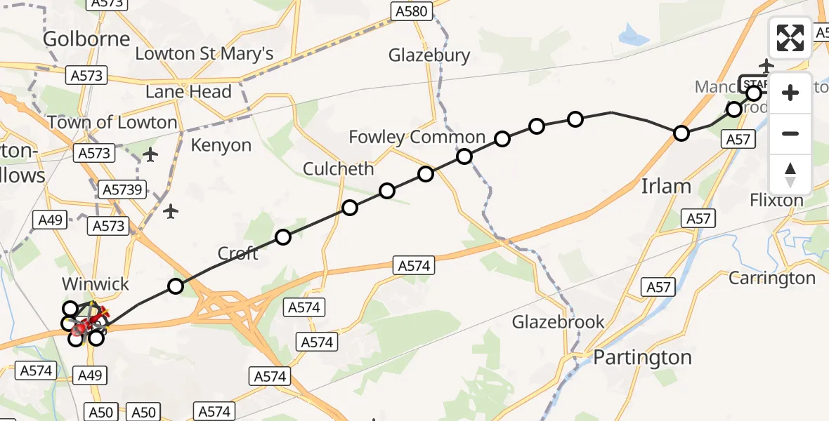 Flight route Air Ambulance Helicopter Manchester Barton Aerodrome - Winwick, 07 September 2026, 15:41