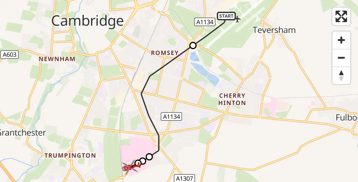 Flight route Air Ambulance Helicopter Cambridge City Airport - Papworth Hospital, 07 September 2026, 15:42