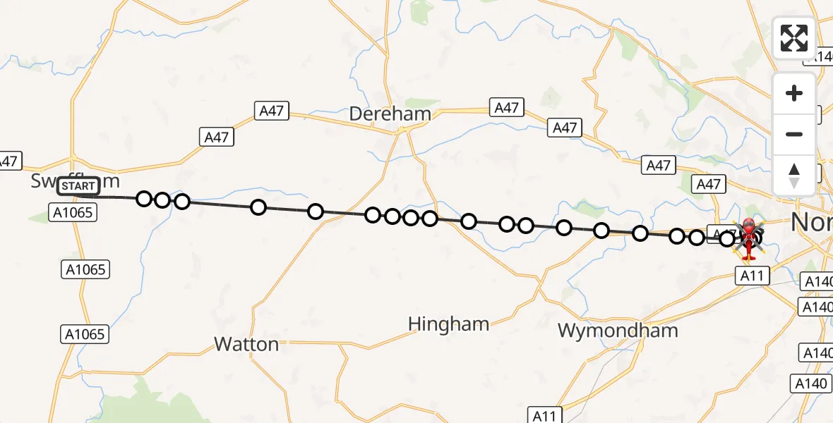 Flight route Air Ambulance Helicopter Swaffham - Norfolk & Norwich Hospital, 07 September 2026, 15:45