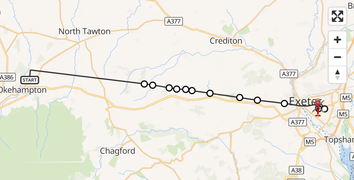 Flight route Air Ambulance Helicopter West Devon - Royal Devon & Exeter Hospital, 07 September 2026, 15:49