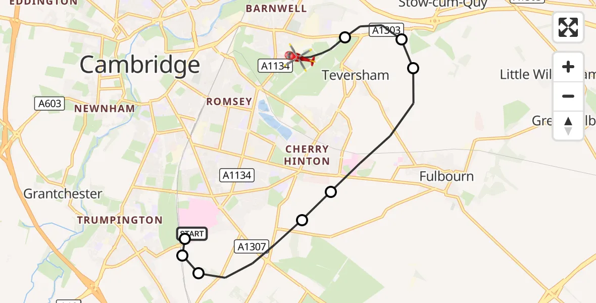 Flight route Air Ambulance Helicopter Papworth Hospital - Cambridge City Airport, 07 September 2026, 16:05