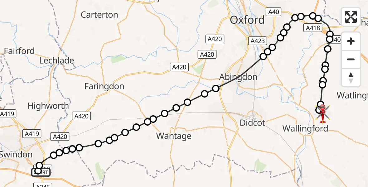 Flight route Air Ambulance Helicopter Great Western Hospital - RAF Benson, 07 September 2026, 16:11