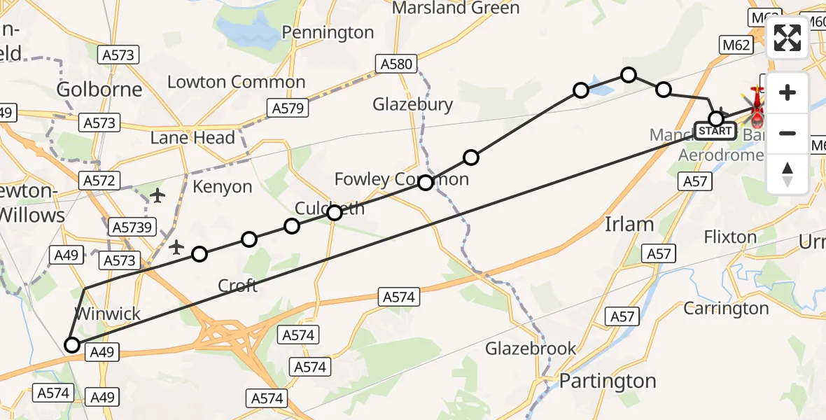 Flight route Air Ambulance Helicopter Manchester Barton Aerodrome - Eccles, 07 September 2026, 16:16