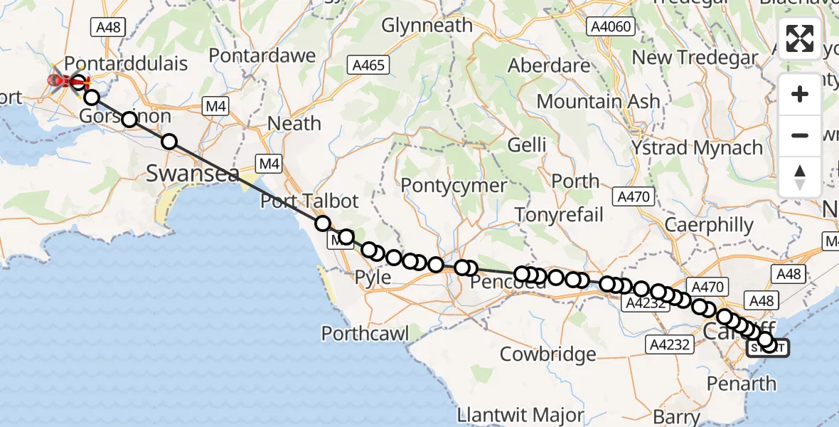 Flight route Air Ambulance Helicopter Cardiff Heliport - Dafen, 07 September 2026, 16:18