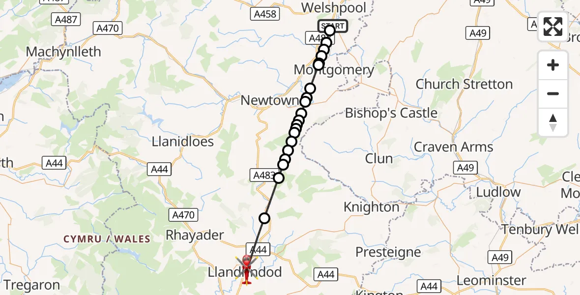 Flight route Air Ambulance Helicopter Welshpool Airport - Llandrindod, 07 September 2026, 16:20