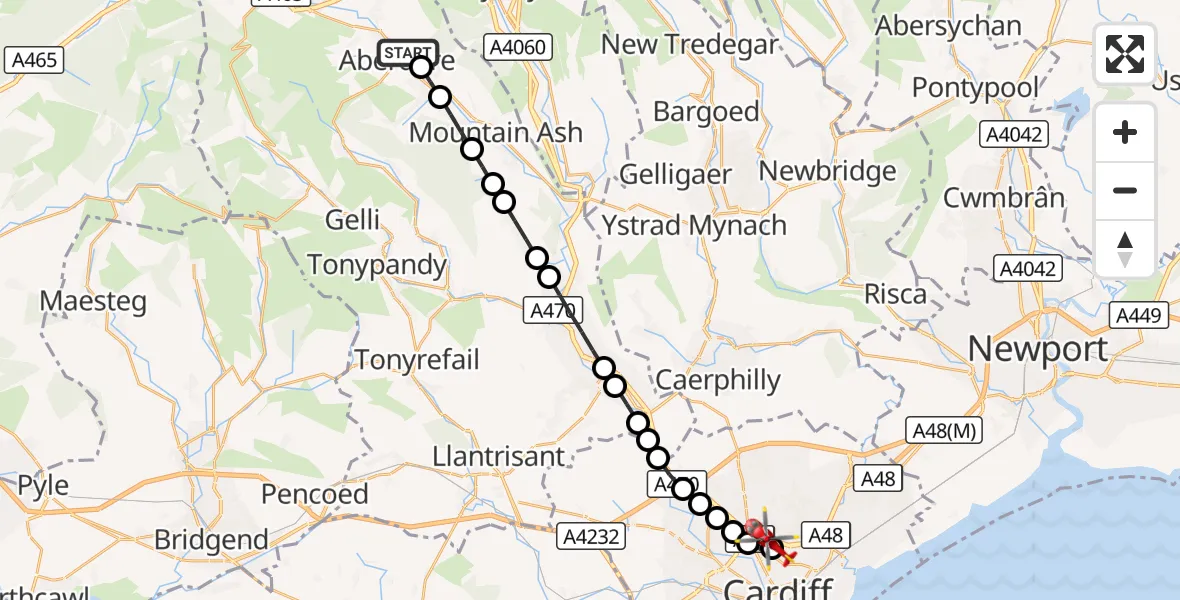 Flight route Air Ambulance Helicopter Abernant - Maindy, 07 September 2026, 16:25