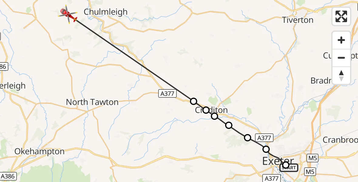 Flight route Air Ambulance Helicopter Royal Devon & Exeter Hospital - Ashreigney, 07 September 2026, 16:25