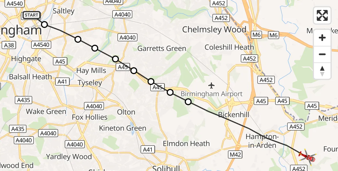 Flight route Air Ambulance Helicopter Saltley - Solihull, 07 September 2026, 16:29