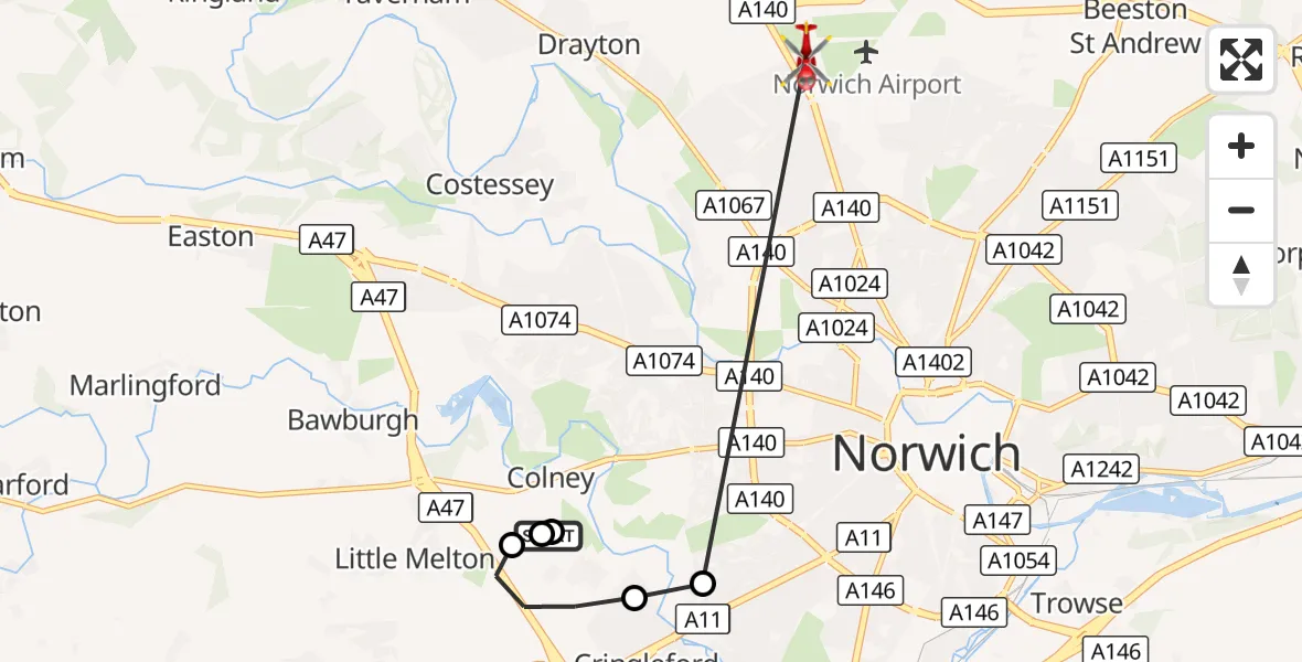 Flight route Air Ambulance Helicopter Norfolk & Norwich Hospital - Norwich Airport, 07 September 2026, 16:31