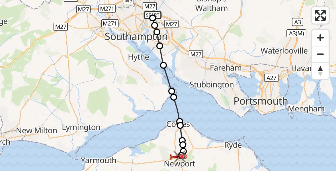 Flight route Air Ambulance Helicopter Southampton Airport - St Marys Hospital Isle Of Wight, 07 September 2026, 16:40