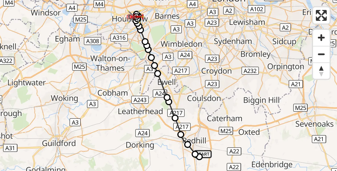 Flight route Air Ambulance Helicopter Redhill Aerodrome - Worton, 07 September 2026, 16:41